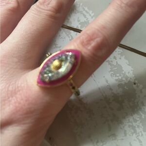 Kurt Geiger Pink Gold Marquise Ring with multicolor channel set gems along shank